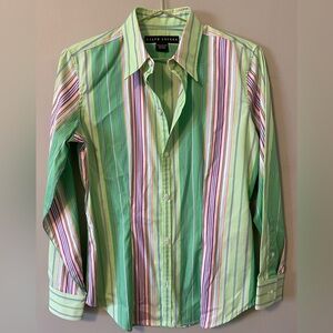Ralph Lauren Women’s Green and Pink Striped Shirt